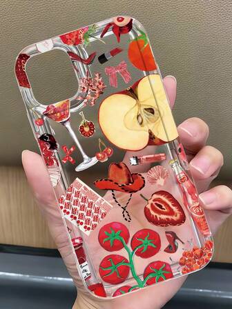 Apple Pattern 1pc Fashionable Personalized Tomato Apple Cocktail Collage Pattern Transparent TPU Airbag Shock Absorption Phone Case Compatible With IPhone 16/16Pro/16Plus/15/15ProMax/15Pro/11/12/13/14ProMax/12Mini/13Mini/11Pro/11ProMax/12Pro/12ProMax/13Pro/13ProMax/14Pro/14ProMax, Soft Case With Elegant Vibe