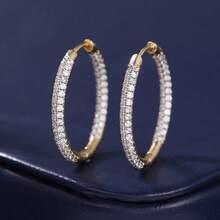 18K 镀金 AAAAA 锆石圆形耳环，适合女士时尚婚礼珠宝，高级奢华设计，全锆石耳环 - 銀色 - 查看 1