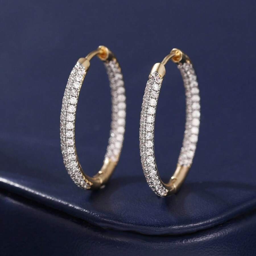 18K 镀金 AAAAA 锆石圆形耳环，适合女士时尚婚礼珠宝，高级奢华设计，全锆石耳环 - 銀色 - 查看 1