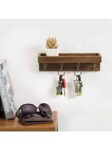 Key Holder For Wall, Wall Mounted Rustic Wood Floating Shelf Mail Organizer With 4 Metal Hooks, Farmhouse Wall Shelf Decor Key Rack Hanger For Entryway, Hallway, Bedroom, Office - 1 Pack - View 5