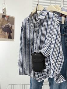 女式休闲日常格子蕾丝边纽扣衬衫