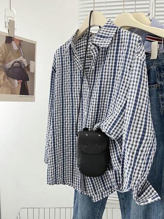 女式休闲日常格子蕾丝边纽扣衬衫