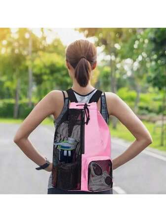 Mesh Drawstring Swim Bag With Wet Pocket, Beach Backpack For Gym, Fitness Equipment, Sports Storage Tote, Handbag & Shoulder Bag, Back To School Travel Bag