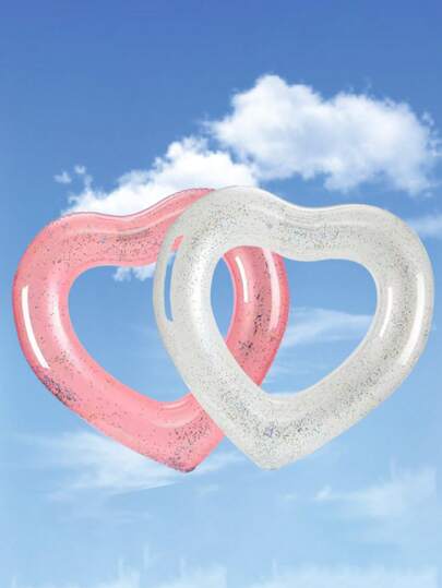 1pc Heart-Shaped Transparent PVC Inflatable Swim Ring, Glitter Decor, Large Size, Cute Essential Beach Accessory For Adults