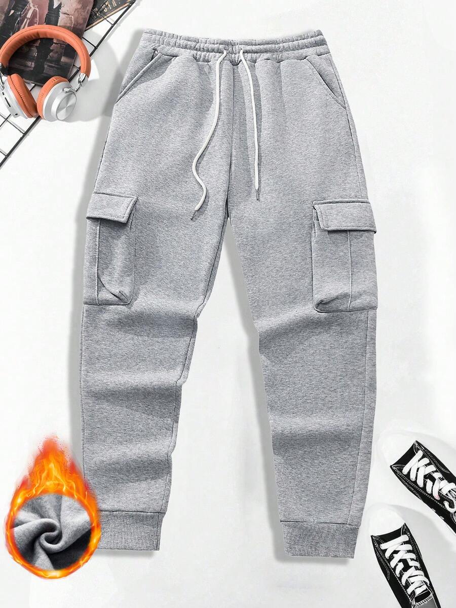 MAISONFOX Men's Loose Flap Pocket Side Drawstring Elastic Waist Long Cargo Pants, Solid Color Light Gray Casual Pants, Suitable For Outdoor, Commuting, Office, Winter Work Wear Thickened Faux Lamb Wool Lining Drawstring Waist Casual Pants, Warm And Comfortable For Leisure And Home Wear