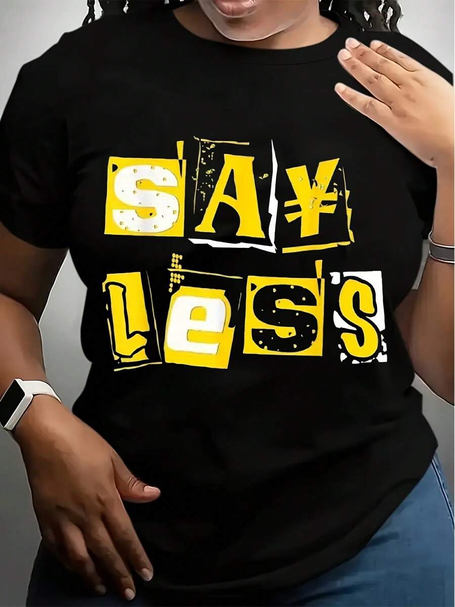 Men's Cotton T-Shirt With Say Less Print, Street Style Crew Neck, Regular Fit, Summer Knit Fabric Tee, 180gsm - Black & Yellow Block Letter Design - màu đen - Xem 1