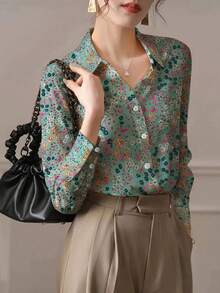 女士度假风格印花长袖衬衫（花卉图案随机剪裁）， - 綠色 - 查看 5