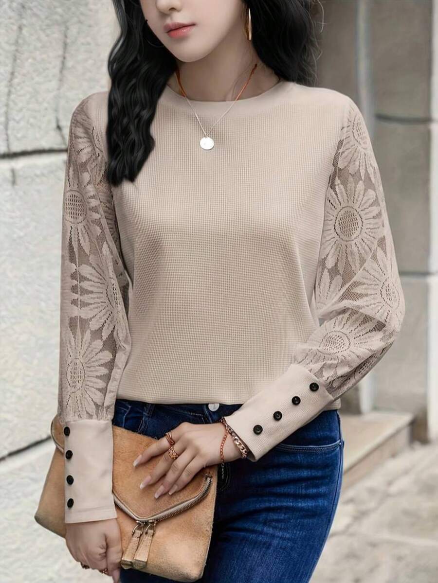 Blouse élégante à col rond en dentelle et patchwork à manches longues pour femmes, T-shirt à manches longues et col rond
