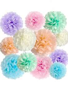 12PCS Colorful Paper Flower Party Decorations, Easter Macaron Paper Flower Pom-Poms For Hanging Decor, Birthday Party Table Decorations