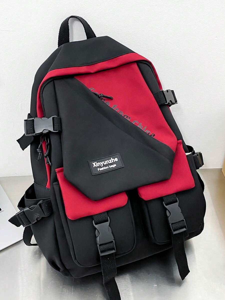 休闲大容量拉链字母印花双口袋按扣开合拼色多口袋校园背包，便携式学校/大学/通勤包，适合学校、差事、返校季节书包 - 彩色 - 查看 1