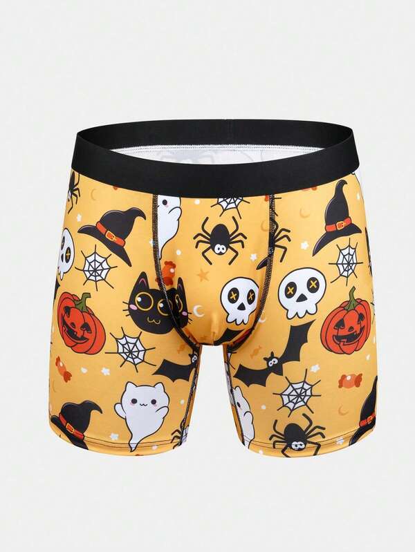 1 pièce Boxer pour homme à imprimé graphique orange d'Halloween, confortable à porter, design thématique vibrant, tissu tricoté de qualité