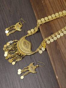 1套24K镀金锌合金中东风格镂空硬币流苏项链和耳环套装（女士） - 金色 - 查看 4