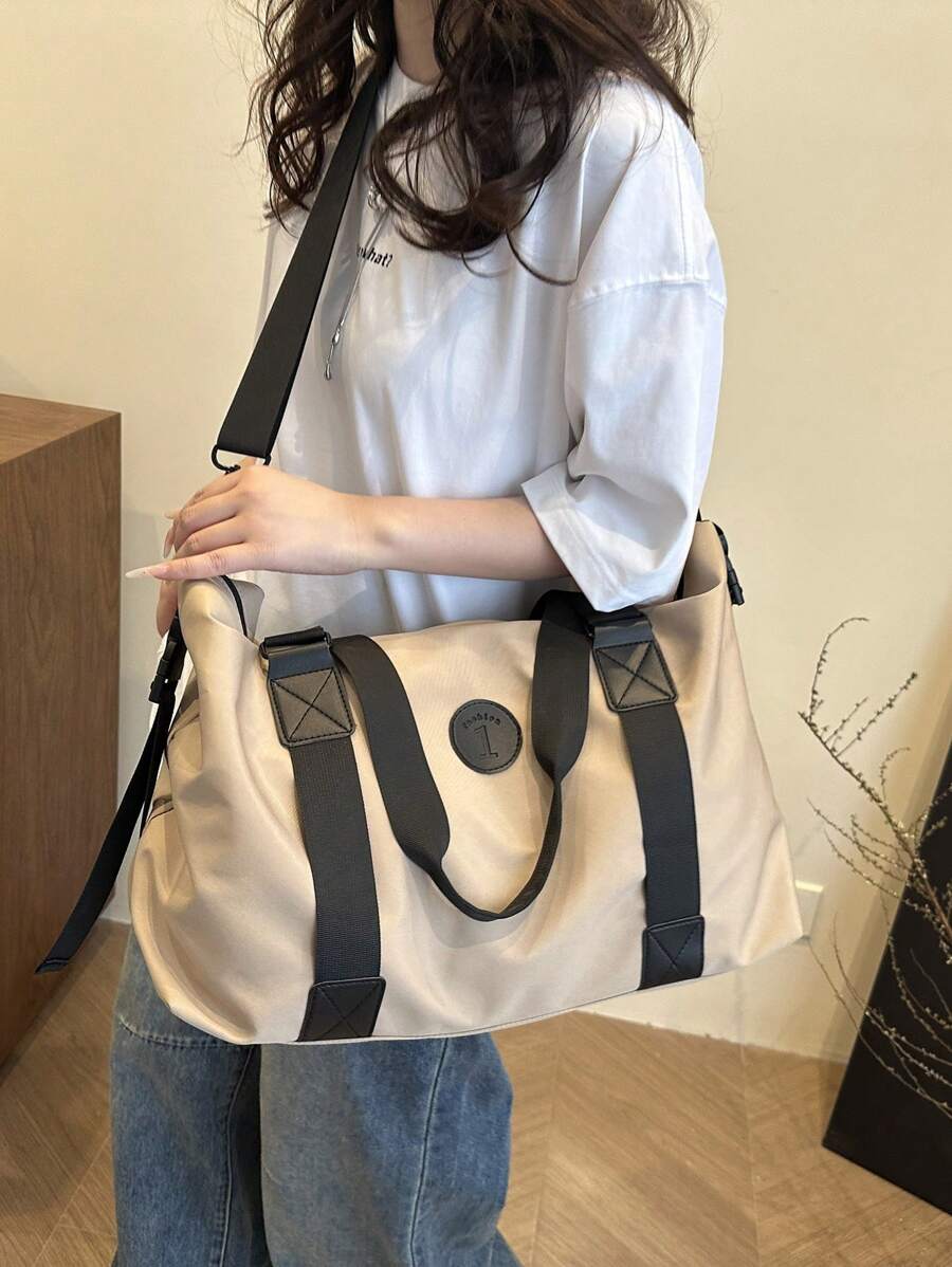 简约时尚创意健身运动旅行行李袋，大容量周末手提包 - 卡其色 - 查看 1