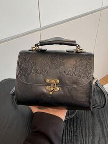 1pc Fashionable Hardware Lock Design Embossed PU Leather Handbag With High-End Style, Can Be Worn Across Body - Black - View 9