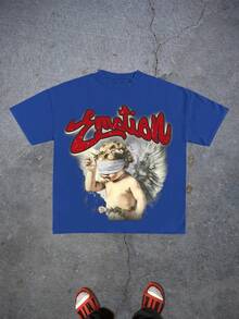 Men's Y2K Streetwear Graphic Tee - Oversized Hip Hop Angel Print T-Shirt, Summer Short Sleeve Casual Cotton Top, Harajuku Style - Màu xanh lam - Xem 2