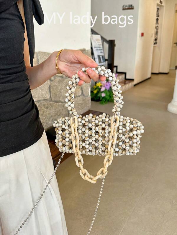 Nueva bolsa de mano hecha a mano con cuentas acrílicas, bolso cruzado de verano con perlas negras cilíndricas, bolso de moda