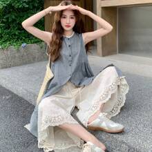 Women's Summer Sleeveless Shirt Dress, Midi Length, Button-Up Front, Round Neck, Simple Layered Look, Mori Girl Style, Loose Fit, Plus Sizes, Tunic Style, Flattering - Gris - Ver 2