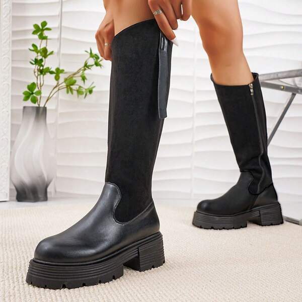 Nuevas botas altas con suela gruesa de estilo europeo y americano para mujeres, botas altas con cremallera lateral de moda, cálidas para primavera, otoño e invierno