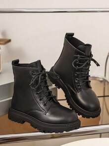 1 Pair Boots, Soft PU Front Lace-Up, Round Toe Thick Sole Height-Increasing British Style Motorcycle Boots, Suitable For Daily School, Vacation, Autumn/Winter New Arrival - Black - View 5
