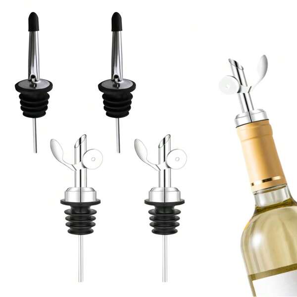 4pcs, Stainless Steel Pouring Set, 304 Stainless Steel, Conical Outlet, Automatic Opening And Closing, Rubber Dust Cover, Suitable For Alcoholic Beverages, Olive Oil, Bar Cocktail Tools