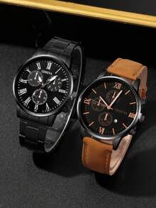 4 Pieces/Set Business Casual Men's Watch Set With Round Dial, Suitable For Daily Wear Or Holiday Gifts - Black - View 3