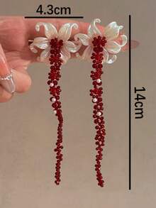 1 Cặp bông tai tua rua đính hạt hoa màu đỏ cổ điển, Phụ kiện bông tai đơn giản theo phong cách kỳ nghỉ hè - Đỏ - Xem 5