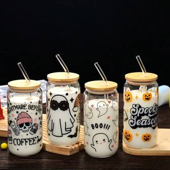 1pc Cute Halloween Glass Cup With Bamboo Lid & Reusable Straw - 500ml Jar Design, Decorated With Ghosts, Bats, Pumpkins & Flowers, Suitable For Beer, Juice, Iced Coffee - Halloween Party Decor & Summer Beverage Container, Fun Drinking Glass, Bat Pattern, Durable Glass, Themed Glass Cup, Trick Or Treat