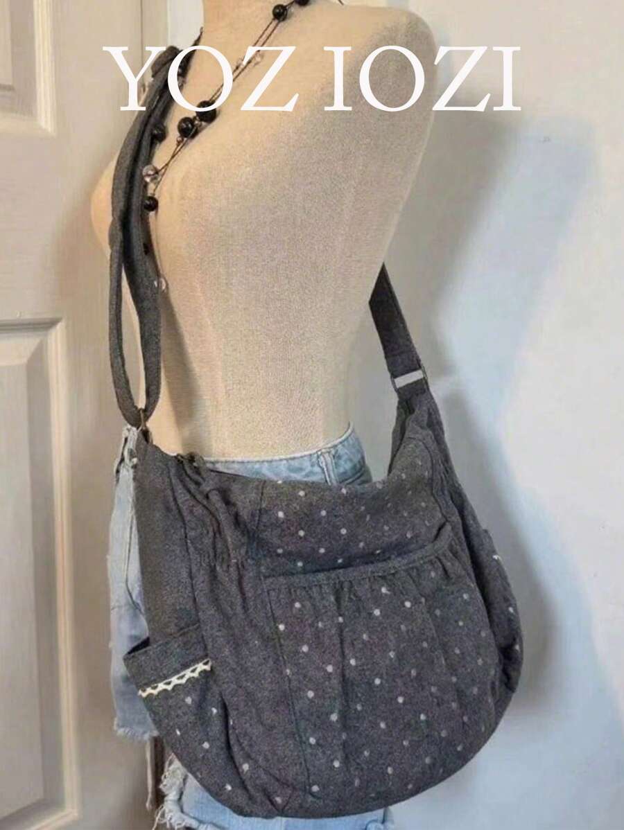 Lace Floral Polka Dot Sweet Campus Shoulder Bag For Girls, Suitable For University Students, Versatile Canvas Tote Bag