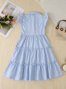 女童春秋时尚条纹连衣裙，秋季蓝色飘袖蝴蝶结女童连衣裙 - 淺藍色 - 查看 2