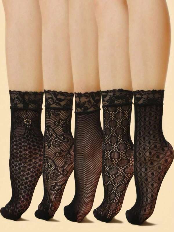 5 pares de calcetines tipo barco con adorno de encaje floral para mujer, calcetines de malla estampada, calcetines de tobillo ultra finos y transparentes, calcetines hasta la rodilla y pantis para mujer