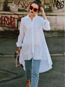 Women's Elegant Semi-Sheer Long Woven Shirt With Collar And Asymmetric Hem Spring White - White - View 3