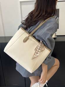 Large Capacity Minimalist Vintage-Style Handbag In Solid PU Leather With Matching Scarf, Versatile And Elegant Women's Bag, Fashionable Bag With Bow, Eye-Catching Handbag - 白色 - 查看 3