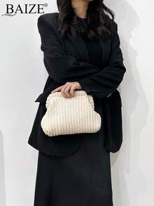 ENBEI 優雅白色手拿包 大容量化妝包 女款沙灘包 米色手拿包 耐用多功能亮片包 夏季女用錢包 晚宴包 適合日常使用 舞會、婚禮季紀念禮品包 - 米色 - 查看 5
