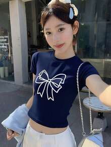 Bow Embroidery Short Sleeve T-Shirt For Women, Sexy Design, Slim Fit, Cropped, Summer Casual - Navy Blue - View 1