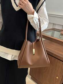 Bolso de mano de unicolor de PU de moda, bolso de hombro, bolso multifuncional, adecuado para compras de mujeres, ir al trabajo, estudiantes volviendo a la escuela y uso diario - Café integral - Ver 6
