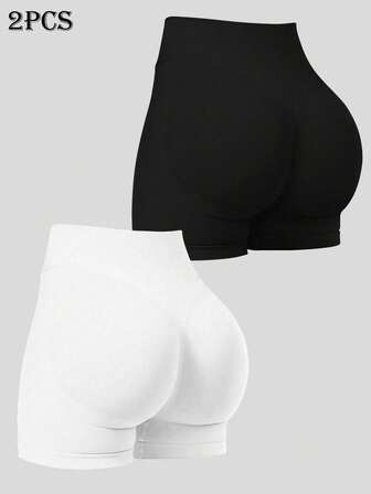 2 件高腰收腹短裤，隐形褶皱提臀紧身裤，骑行短裤曲线