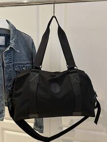 字母装饰尼龙健身包、瑜伽包、短途旅行包、篮球训练包、男女通用度假旅行必备包行李箱旅行包女士 - 黑色 - 查看 9