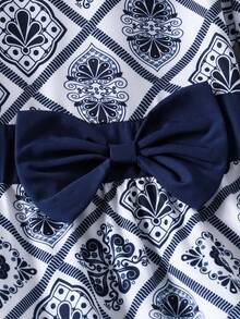 Tween Mädchen Kleid mit langen Ärmeln, Taille-Kordel & Schleife, Retro-Muster, geeignet für Frühling & Herbst