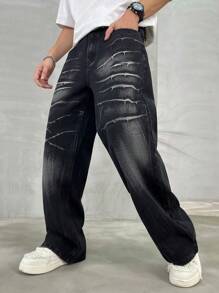 HEHCN Men's Black Loose Fit Jeans, Lightning Scratch Distressed Wash, Fashion Casual Baggy Retro Wide Leg Jeans, Suitable As Gift For Husband, Boyfriend, Grunge - Black - View 3