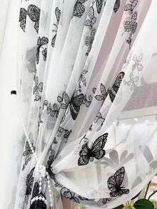 半件装中式黑蝴蝶薄纱窗帘，透明，适用于阳台、客厅窗户