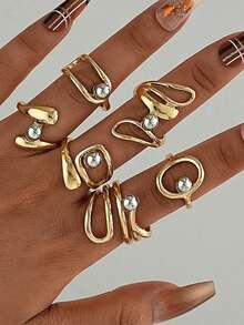 6 件/套几何不对称线镂空金银混色球形指节戒指套装，适合日常佩戴、约会、派对、节日、周年纪念、生日，优雅、精致、简约、奢华、时尚、性感、可爱 - 金黃色 - 查看 4