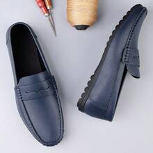 男士奢华真皮便士乐福鞋，休闲编织款一脚蹬平底鞋，配有松紧带，适合春秋季日常穿着、婚礼、派对、办公室、商务场合。 - 藍色 - 查看 6