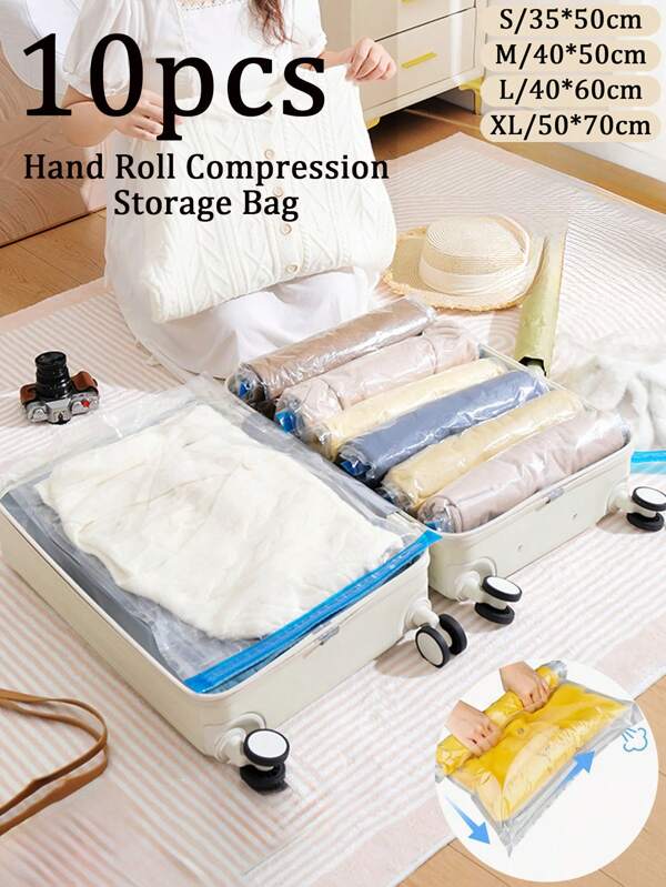 10/1 Set Travel Vacuum Compression Bags, Hand Roll No Pump Compression Storage Bags, Reusable Large Capacity Vacuum Seal Bags, 8pcs (2S+2M+2L+2XL) Multi-Size Compression Bags, Suitable For Travel Luggage, Autumn Clothes, Shirts, Sweaters, Towels, Pants, Scarves, Travel Accessories, Suitable For Travel, Luggage, Back To School, Autumn, Dorm, Halloween Costume Storage, Christmas Decoration Storage