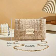 1个女士编织单肩包，链条肩带小方斜挎包，米色，春夏休闲沙滩包 - 白色 - 查看 3