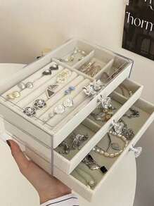 1pc Three-Layer Acrylic Flannel Jewelry Box, Drawer-Type Dressing Table Jewelry Storage Box, Earring Ring Bracelet Display Box, Large Capacity Desktop Display Box, Stackable Drawer Storage Box, Storage Organizer, Jewelry Box, Back To School Essential, Can Store Earrings, Rings, Necklaces, Bracelets, Pendants, Mother's Day Gifts, Valentine's Day Gifts For Women Storage Organizer Travel Essentials Back To School Dormitory Storage Fall Decor - Multicolor - View 2