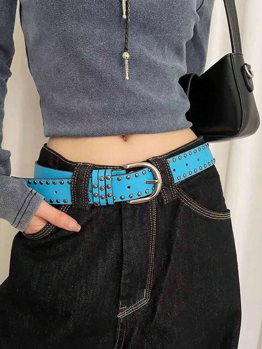 1 件女士蓝色 PU 皮革纯色复古铆钉朋克风格高端小众皮带,多功能金属单爪扣宽腰带 - 藍色 - 查看 1