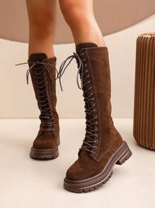 Nuovi stivali casual da donna in stile occidentale minimalista, colore marrone, in finta pelle scamosciata, fodera comoda, design con lacci e cerniera laterale, suola antiscivolo spessa, stile retrò, adatti per primavera e autunno, occasioni formali