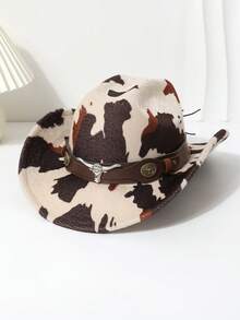1 pieza Sombrero retro de mujer con decoración de piel de vaca y estampado de leopardo, sombrero de jazz europeo y americano, sombrero de vaquero occidental, adecuado para uso diario, actividades al aire libre, todas las estaciones, gorra de moda, vacaciones, viajes - sombrero de copa - Ver 2