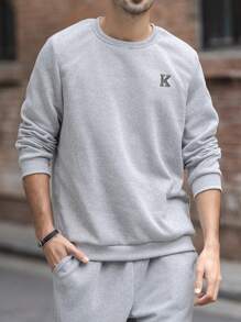 Men's Casual Versatile Grey Letter Graphic Print Crew Neck Sweatshirt, Suitable As Gift For Husband, Boyfriend, Friend - Grey - View 2