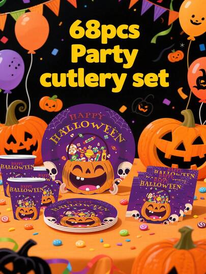68 Stücke, Halloween Party Zubehör - Geeignet für Halloween-Themen Party Geschenk Geschirr, Dessert Teller, Becher, Servietten, Tischdecken, Strohhalme, Geeignet für Halloween Cowboy Western Jungen Geburtstags Party Zubehör, Dekorative Servietten, Gabeln, Dekorative Geschirr Sets